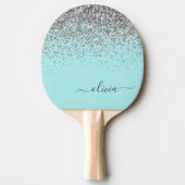 Aqua Blue Blauwgroen Silver Glitter Monogram Tafeltennisbatje (Voorkant)