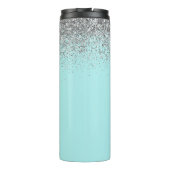 Aqua Blue Blauwgroen Silver Glitter Monogram Thermosbeker (Achterkant)