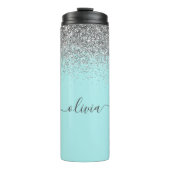 Aqua Blue Blauwgroen Silver Glitter Monogram Thermosbeker (Voorkant)
