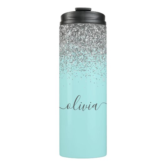 Aqua Blue Blauwgroen Silver Glitter Monogram Thermosbeker (Voorkant)