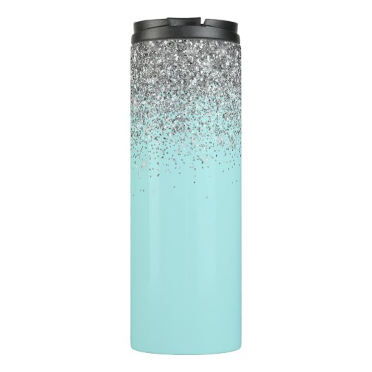 Aqua Blue Blauwgroen Silver Glitter Monogram Thermosbeker (Achterkant)