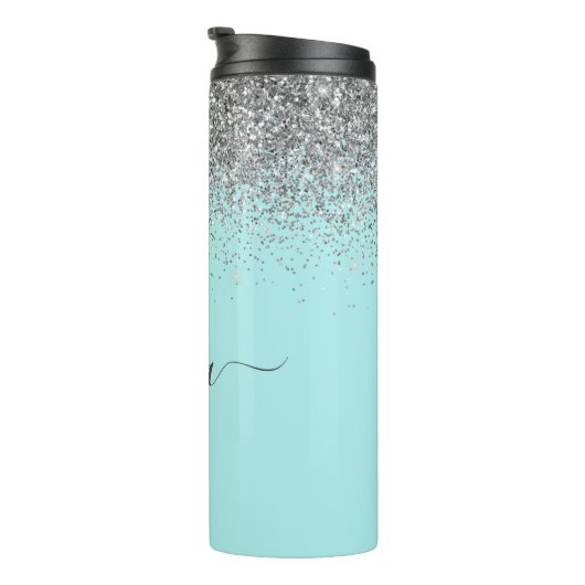 Aqua Blue Blauwgroen Silver Glitter Monogram Thermosbeker (Geroteerd rechts)
