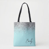 Aqua Blue Blauwgroen Silver Glitter Monogram Tote Bag (Voorkant)