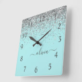 Aqua Blue Blauwgroen Silver Glitter Monogram Vierkante Klok (Hoek)