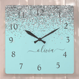 Aqua Blue Blauwgroen Silver Glitter Monogram Vierkante Klok