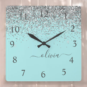 Aqua Blue Blauwgroen Silver Glitter Monogram Vierkante Klok