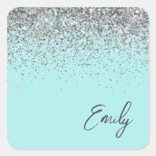 Aqua Blue Blauwgroen Silver Glitter Monogram Vierkante Sticker