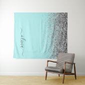 Aqua Blue Blauwgroen Silver Glitter Monogram Wandkleed (In Situ (horizontaal))