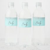 Aqua Blue Blauwgroen Silver Glitter Monogram Waterfles Etiket (Flessen)