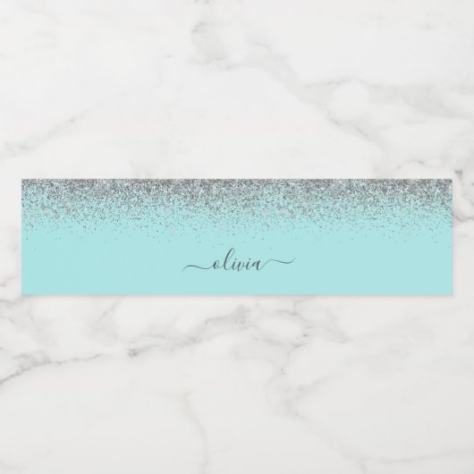 Aqua Blue Blauwgroen Silver Glitter Monogram Waterfles Etiket (Enkel label)
