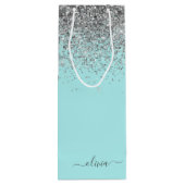 Aqua Blue Blauwgroen Silver Glitter Monogram Wijn Cadeautas (Achterkant)