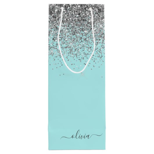 Aqua Blue Blauwgroen Silver Glitter Monogram Wijn Cadeautas (Achterkant)