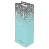 Aqua Blue Blauwgroen Silver Glitter Monogram Wijn Cadeautas (Voorkant Gekanteld)
