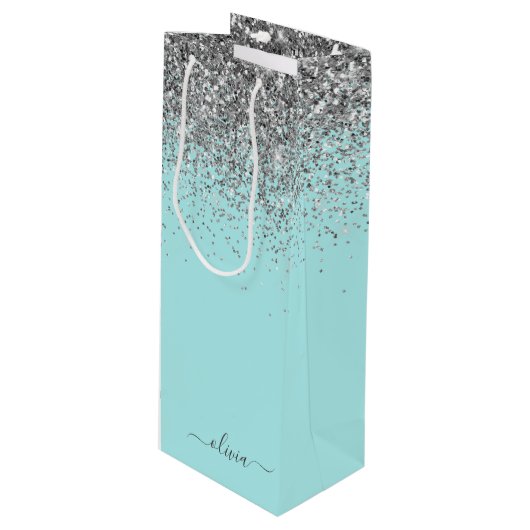Aqua Blue Blauwgroen Silver Glitter Monogram Wijn Cadeautas (Voorkant Gekanteld)