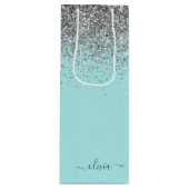 Aqua Blue Blauwgroen Silver Glitter Monogram Wijn Cadeautas (Voorkant)