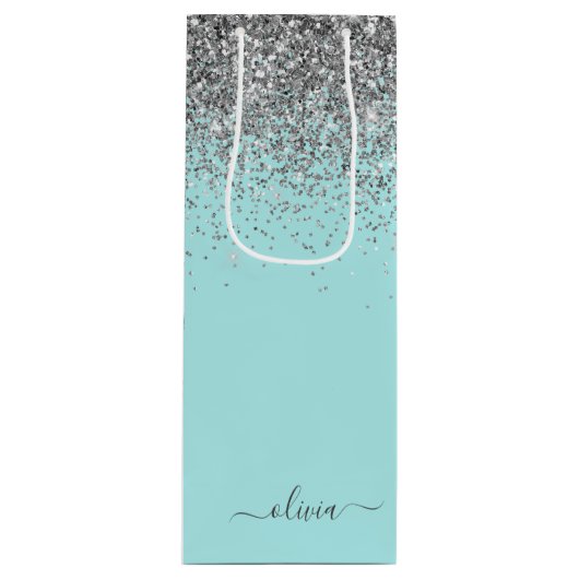 Aqua Blue Blauwgroen Silver Glitter Monogram Wijn Cadeautas (Voorkant)