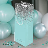 Aqua Blue Blauwgroen Silver Glitter Monogram Wijn Cadeautas
