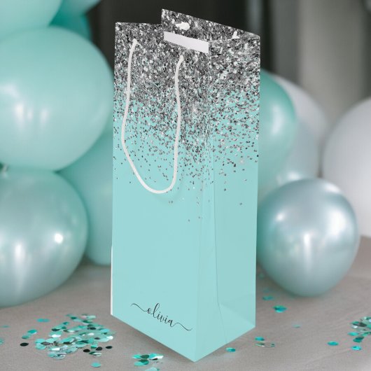 Aqua Blue Blauwgroen Silver Glitter Monogram Wijn Cadeautas