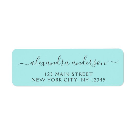 Aqua Blue Blauwgroen Silver Script Typography Wedd Etiket (Voorkant)