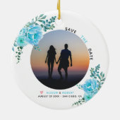 Aqua blue bloemen bruiloft Sparen de Datum foto Keramisch Ornament (Achterkant)