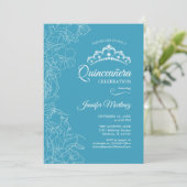 Aqua Blue Bloemen Quinceanera Party Kaart (Staand voorkant)