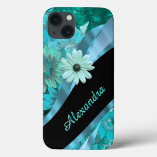 Aqua Blue bloemenpatroon gepersonaliseerd iPhone 13 Hoesje