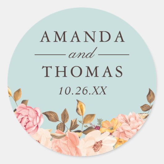 Aqua Blue Blush Floral Wedding Envelope Seal Ronde Sticker (Voorkant)