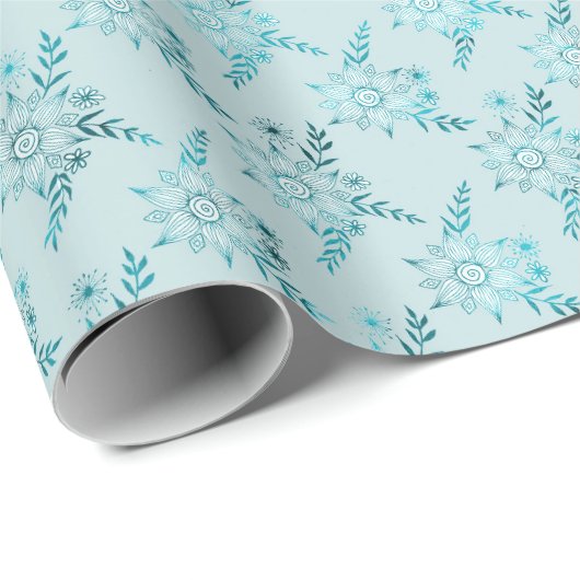 Aqua Blue Boho Bloemen Cadeaupapier (Rol Hoek)
