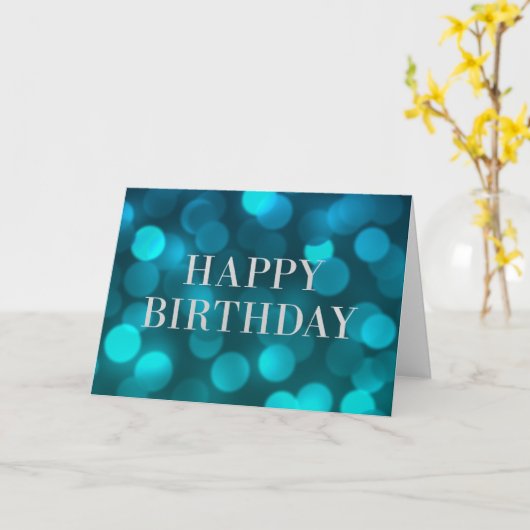 Aqua Blue Bokeh Lights Faux Silver Happy Birthday Kaart (Gele Bloem)