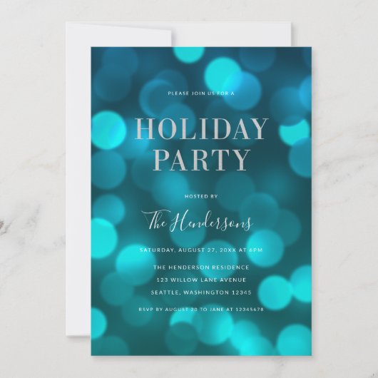 Aqua Blue Bokeh Lights Faux Silver Holiday Party Kaart (Voorkant)