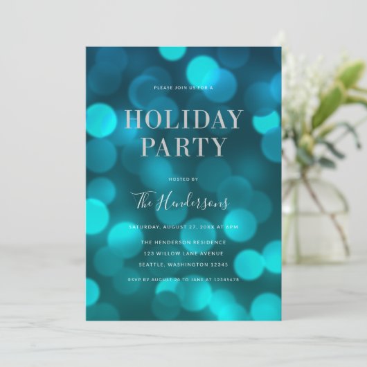 Aqua Blue Bokeh Lights Faux Silver Holiday Party Kaart (Staand voorkant)