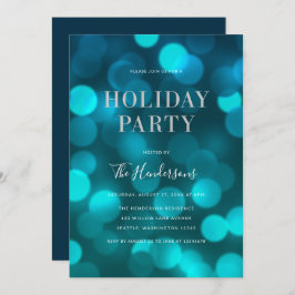 Aqua Blue Bokeh Lights Faux Silver Holiday Party Kaart
