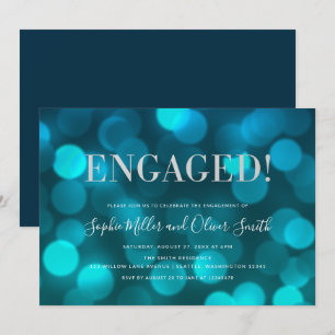 Aqua Blue Bokeh Lights Zilveren Verlovingsfeest Kaart