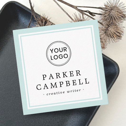 Aqua blue border douane-elegant minimalistisch log vierkante visitekaartje