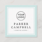 Aqua blue border douane-elegant minimalistisch log vierkante visitekaartje (Voorkant)