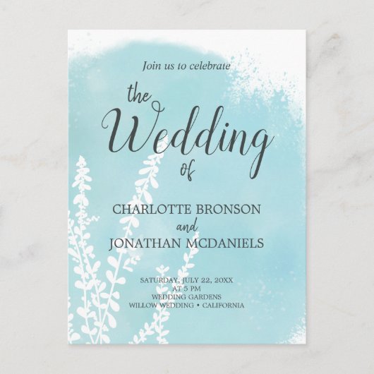 Aqua Blue Botanical Waterverf Wash Weddenschap Briefkaart (Voorkant)