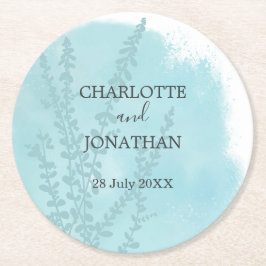 Aqua Blue Botanical Waterverf Wash Weddenschap Ronde Kartonnen Onderzetter