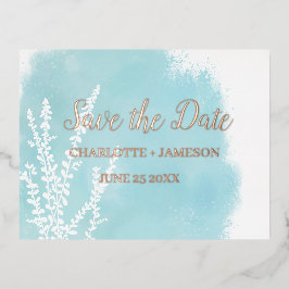 Aqua Blue Botanisch Waterverf Wasbeurt Folie Uitnodiging Briefkaart