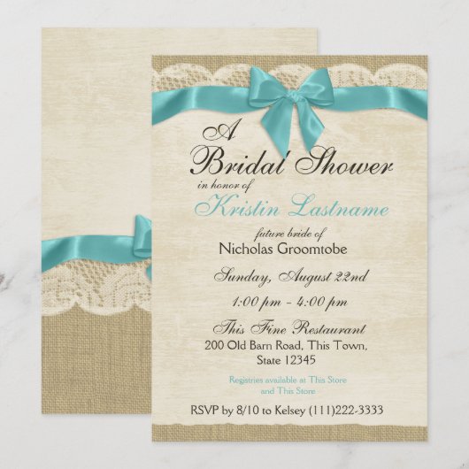 Aqua Blue Bow and Lace Vrijgezellenfeest Kaart (Voorkant / Achterkant)