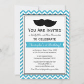 Aqua Blue Boy Mustache Chevron Birthday Party Kaart (Voorkant)
