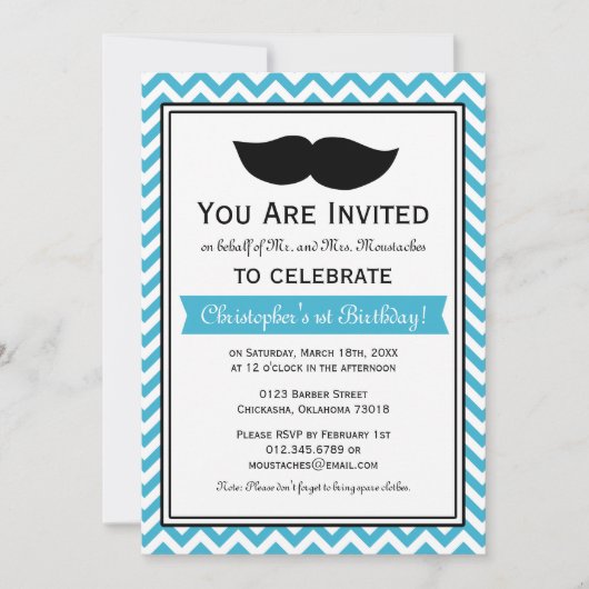 Aqua Blue Boy Mustache Chevron Birthday Party Kaart (Voorkant)