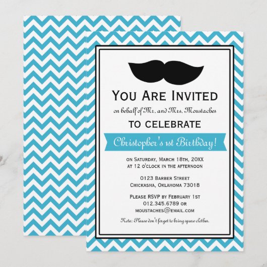 Aqua Blue Boy Mustache Chevron Birthday Party Kaart (Voorkant / Achterkant)