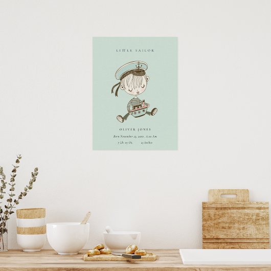 Aqua Blue Boys Little Sailor Nautical Birth Stat Poster (Keuken)