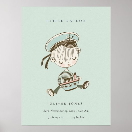 Aqua Blue Boys Little Sailor Nautical Birth Stat Poster (Voorkant)