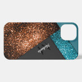 Aqua blue bronzen sparkles kleurenblok Monogram iPhone Hoesje (Achterkant horizontaal)