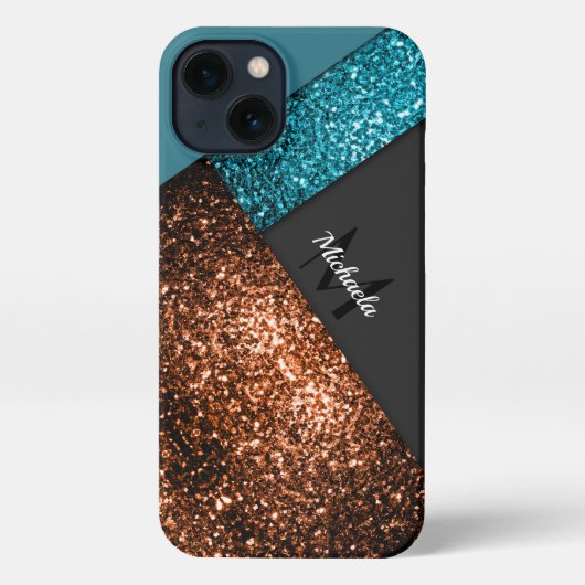 Aqua blue bronzen sparkles kleurenblok Monogram iPhone Hoesje (Achterkant)