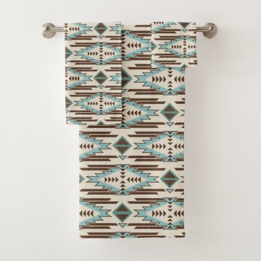 Aqua Blue Brown Aztec Pattern Bad Handdoek (Insitu)