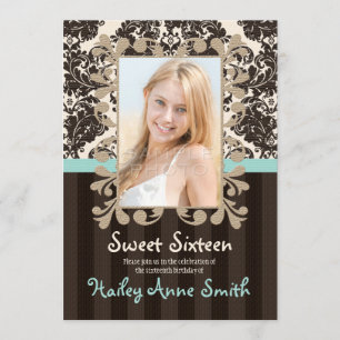 Aqua Blue Brown  Lace Damask Sweet Sixteen Kaart