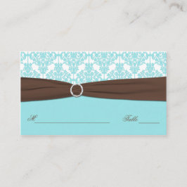 Aqua Blue, Brown, White Damask Place Card Plaatskaartje
