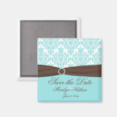 Aqua Blue, Brown, White Damask Save the Date Magneet (Voorkant / Achterkant)